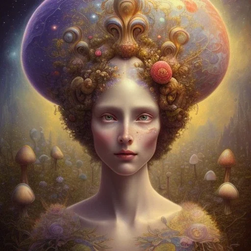  Beautiful rococo mushroom fairy, detailed eyes, realistic features, hq, fungi, celestial, moon, galaxy, stars, by Salvador Dalí, giger, Hieronymus Bosch, victo ngai, fungi, celestial, Ryan Hewett by Van Gogh