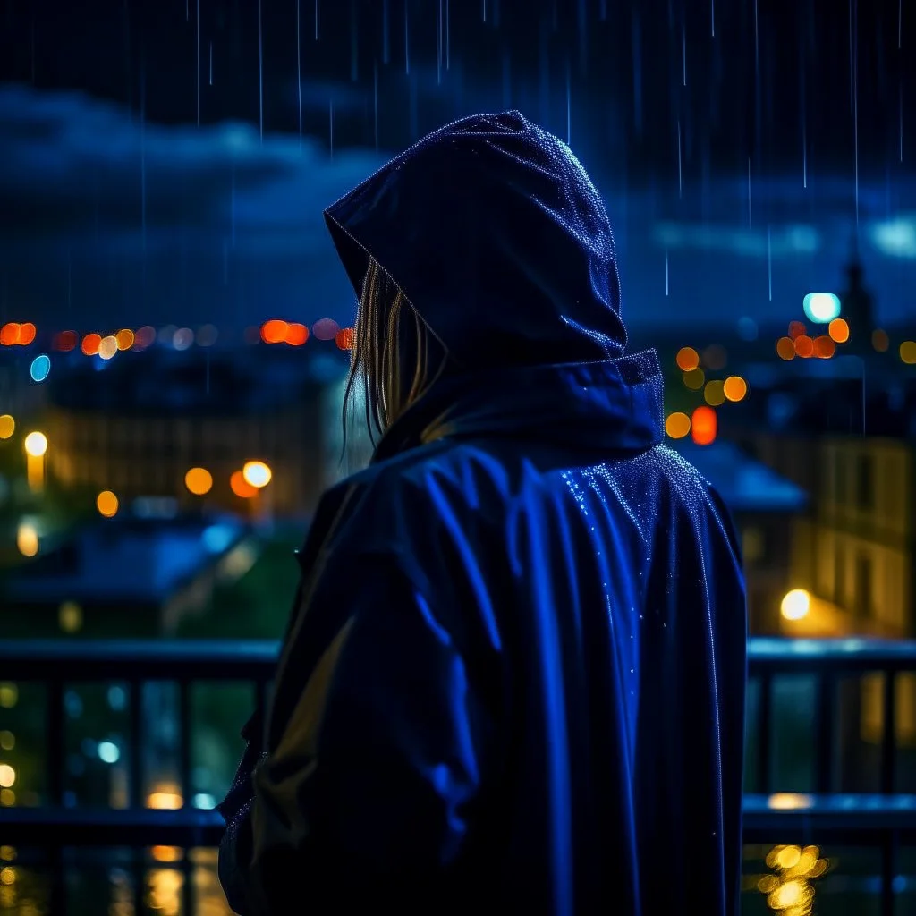 girl in a raincoat, viewed from behind, watching the empty city, at midnight, very dark colours, rainy, atmospheric, photo quality