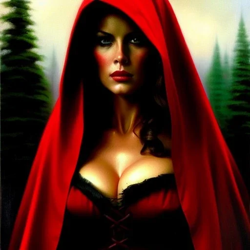 portrait of beautiful busty Red Riding Hood painting by Brom, oil on canvas, cinematic composition, extreme detail,cinematic composition,fit full head inside picture