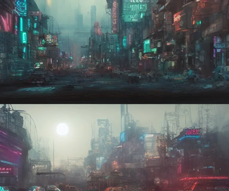 digital art, trending on artstation, a post apocalyptic world ruled by rusty machines under a full moon in a gigantic city full of neon lights and machines acting like humans, these being the vast majority of the population.