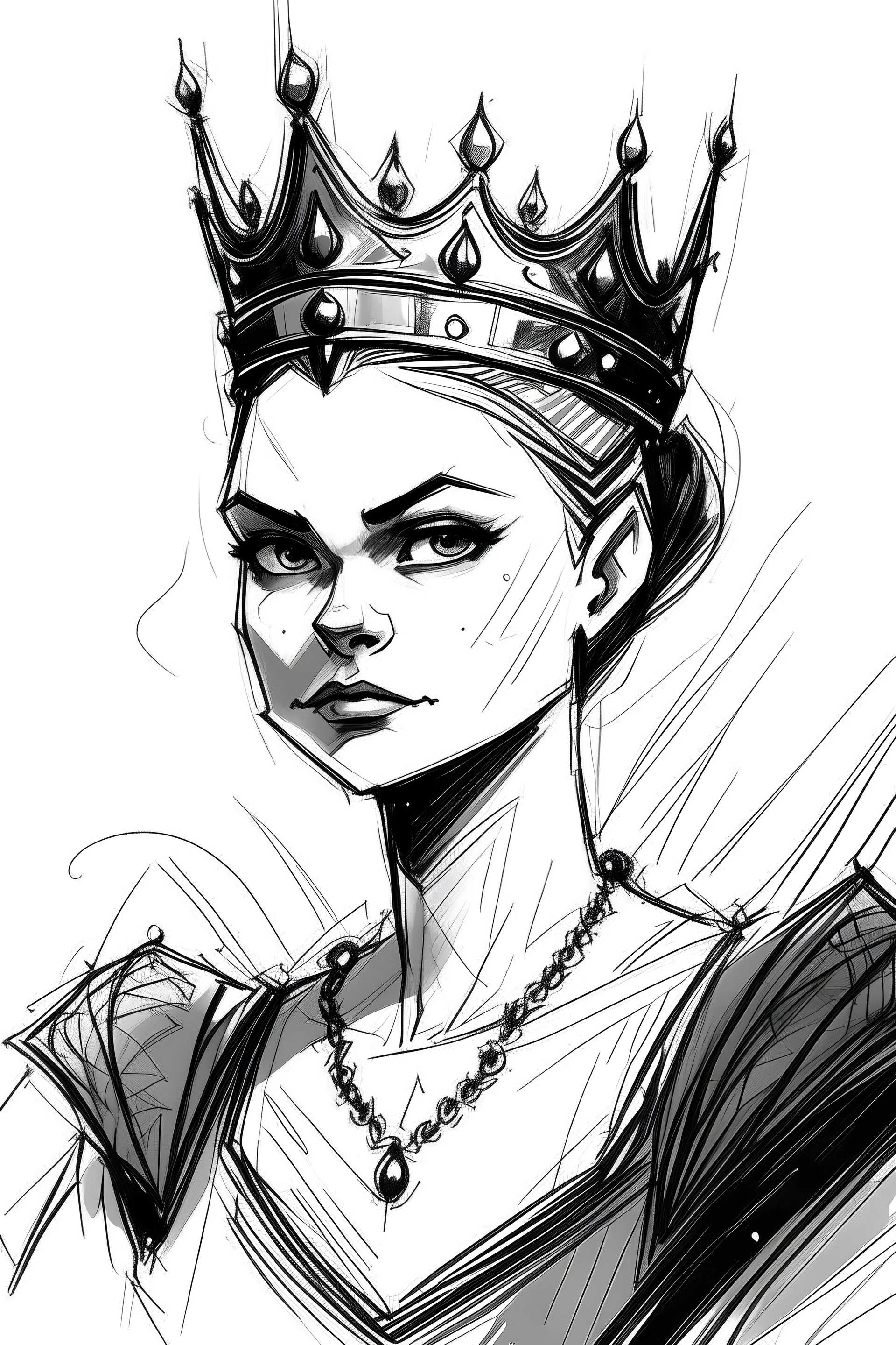sketch of a young evil queen that is feeling giuly but trying to pretend she is brave and she can work through it