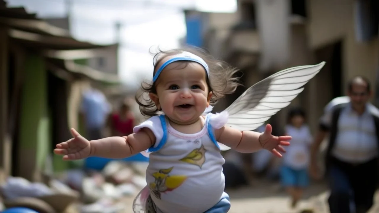 little Babies have wings on there shoulders flying happy in gaza