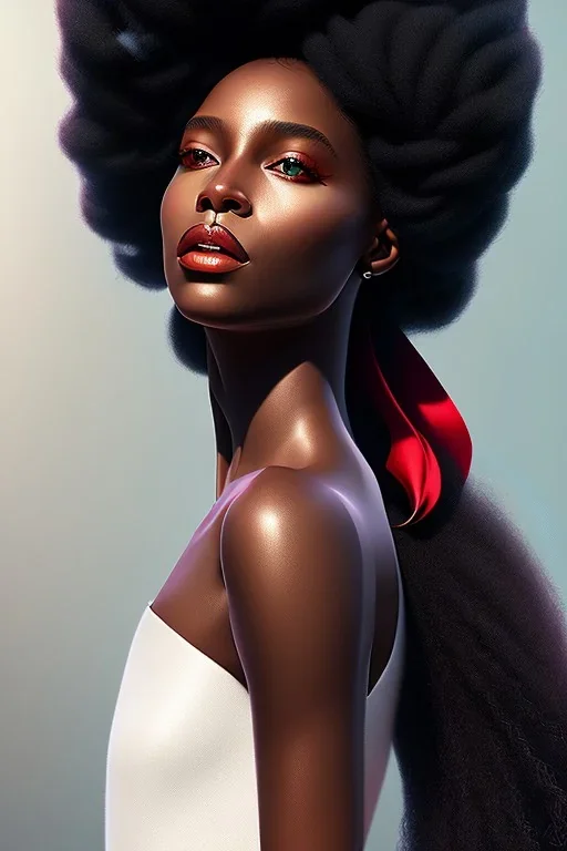 A portrait of a beautiful youthful black woman, with long black flowing hair, wearing a black skintight dress with a red scarf, wizard, magical, ethereal, Warm bright lighting. Concept art by wlop. Ultra quality 8k.