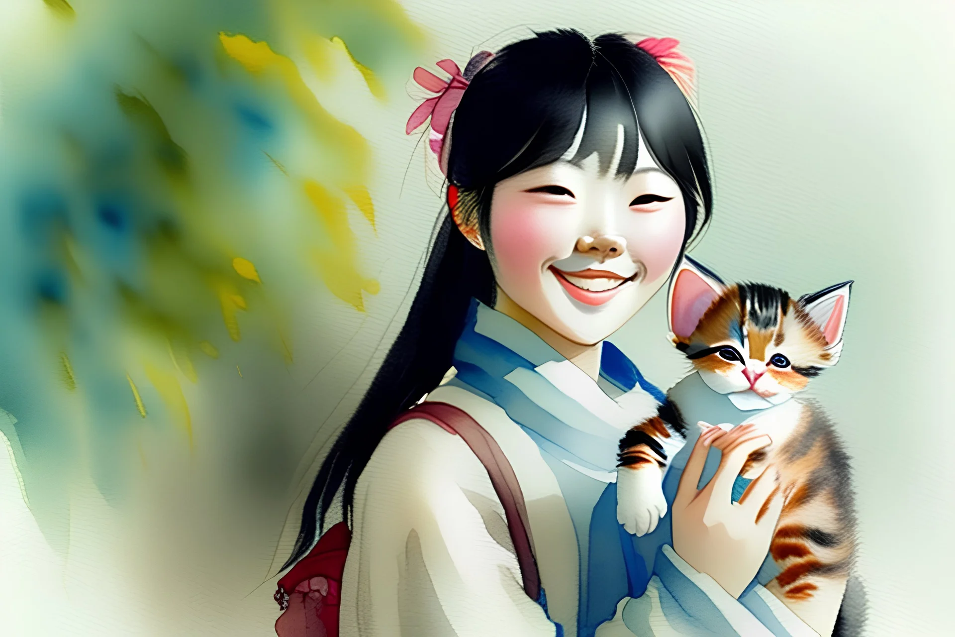 A cute smiling Korean girl is holding a kitten. Watercolour