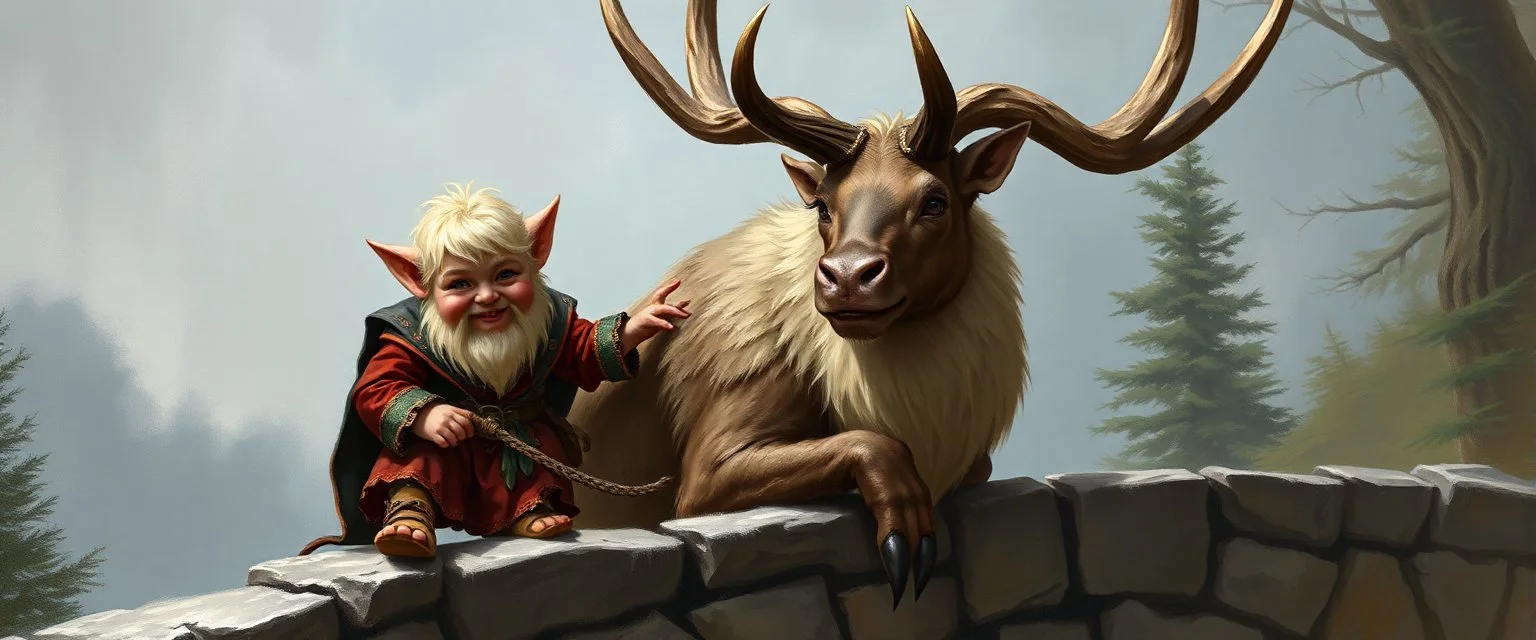 a blonde fluffy gnome quickling kobold gremlin that looks like the opposite of a vampire in bunad leaning on an elk, holding his horns, all on a stone bridge, in the style of master painter