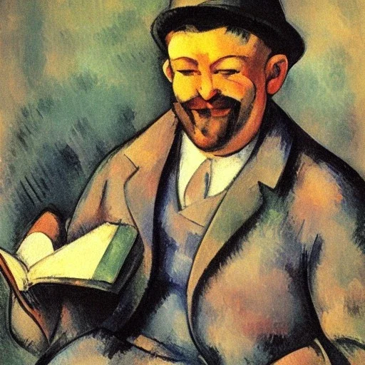 smiling man reading book into microphone by Cezanne