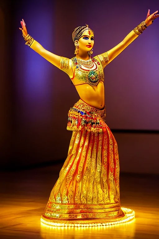 golden artistic statue of a qazaq dancer in folk dance pose in modern art museum dynamic colorful lights