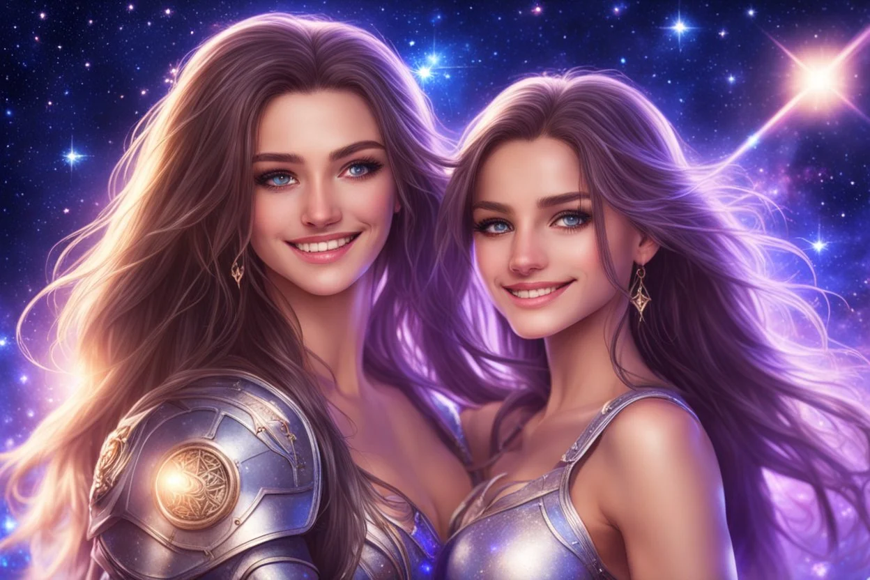 beautiful women with long hair, light eyes , with a little sweety smile, with his boyfriend that is a sweety strong cosmic warrior in peace. in a background of stars and bright beam in the sky