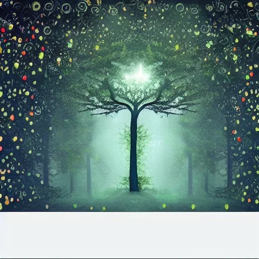 mystic tree full of sprites and surrounded by a magic aura and fog