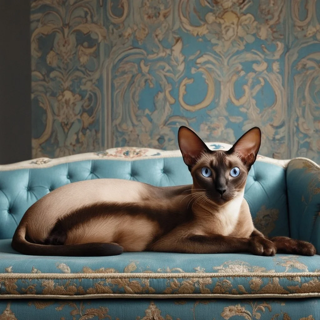 an Oriental shorthair chocolate point Siamese cat with blue eyes lies on an old couch with his head on the armrest staring into space. A beautiful baroque wall in the background, hyperrealistic, a product photo.