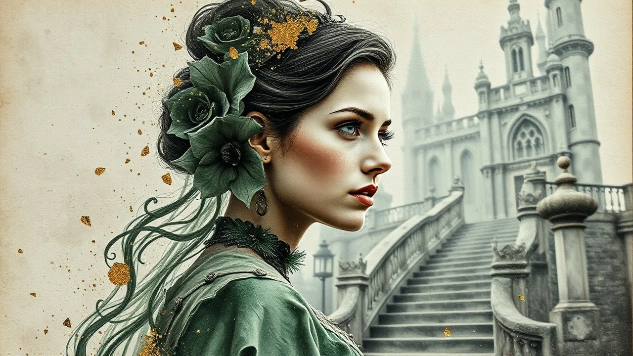 old canvas, layered, mixed media, embossed, double exposure, light watercolor, glitter, medium ground, depth of field, brightness, highlights, light effects, gothic woman portrait, gold shards, staircase, ancient castle, gray green fragments, fuzziness, layered, blending, textured, 3D, 8K, best quality, fine rendering, precise rendering, high detail, hyperrealism, high resolution, high definition, multilayered, pinpoint sharpness, hyperfocus, vignette, textured painting