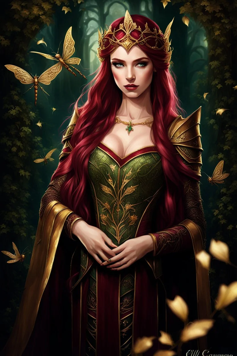 Burgundy hair, dark hair,dark red , rapunzel hair,very long hair,dark fairy princess,elven crown,night,dragonflies,beautiful,ong ashes,golden armor ,sparkle,night blooming,ivy,dark green,lilly of valley,golden elven crown,elven warrior,dark gold armor,extremely long hair