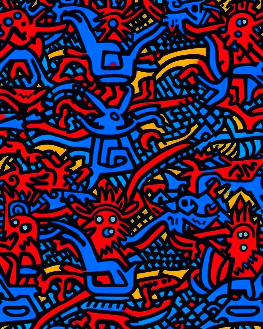 A dark blue demonic empire with jagged horns painted by Keith Haring
