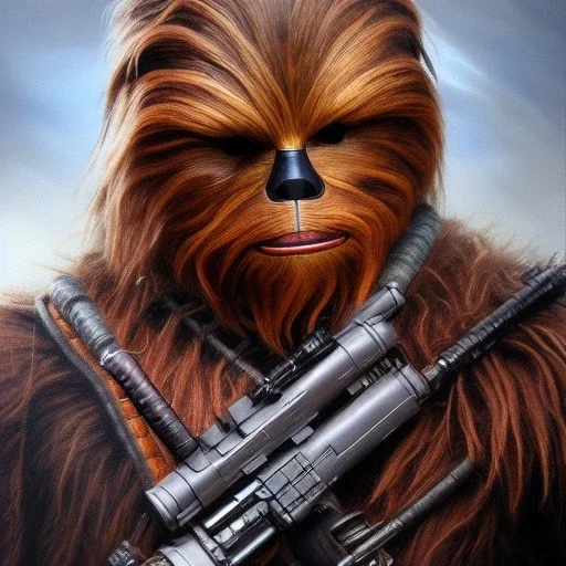 photorealistic and intricate portrait of chewbacca in star wars by Gabriele Dell’otto, wearing beskar armor, deep dark colors, hyperdetailed, 32K, oil on canvas,