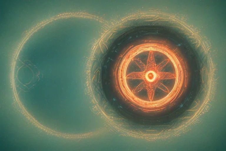 a fiery wheel with 100 eyes floating above the ground, a laser beam pentagram floating above the ground, celtic knot bronze floating, golden ratio, spring time, mushrooms, 8k, flickering light, centered, high-quality, fine-detail, digital art, detailed matte, volumetric lighting, illustration, 3D octane render,psychedelic color