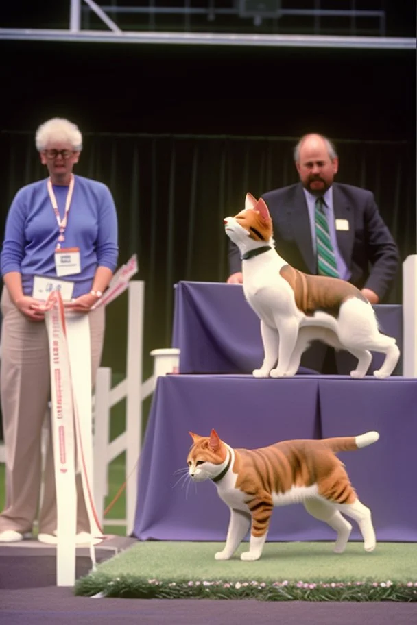 1990 dog show realistic (film Color Mission 200::10) photo from old disposable camera with a cat body rabit head winning first prize, grainy photo