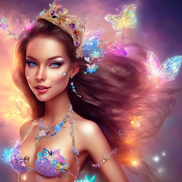  beautiful face princess fairy smiling with sparkle jewel bikini and butterflies in hair