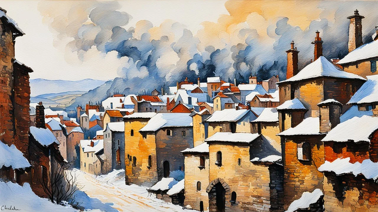 ink oil painting of a medieval Italian village landscape in winter, smoke rising from chimneys and icicles hang from the eaves, in the impressionist style of Childe Hassam, mixed with art nouveau, and abstract impressionism, precise and sharply defined brickwork and stone edges, in vibrant natural colors