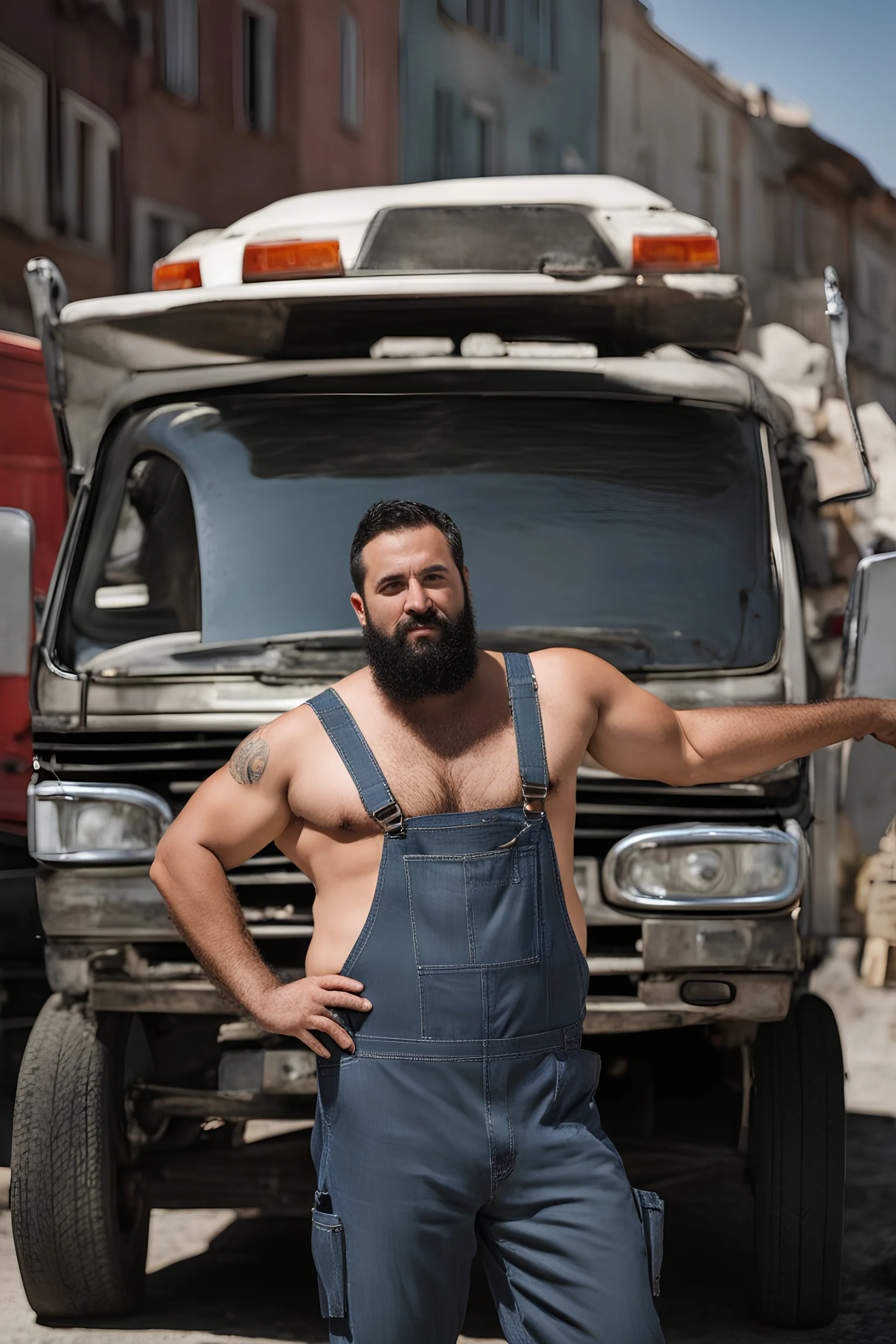 close up photography of an ugly 36 year old chubby robust burly turkish plumber, wearing his work unbuttoned bulging overalls, bulge, shirtless, leaning with his back to his van, arms folded and emotive look, ajar mouth, hairy chest, , very virile, short black beard, shaved hair, sweat, , in a sunny street, photorealistic , frontal view from the ground