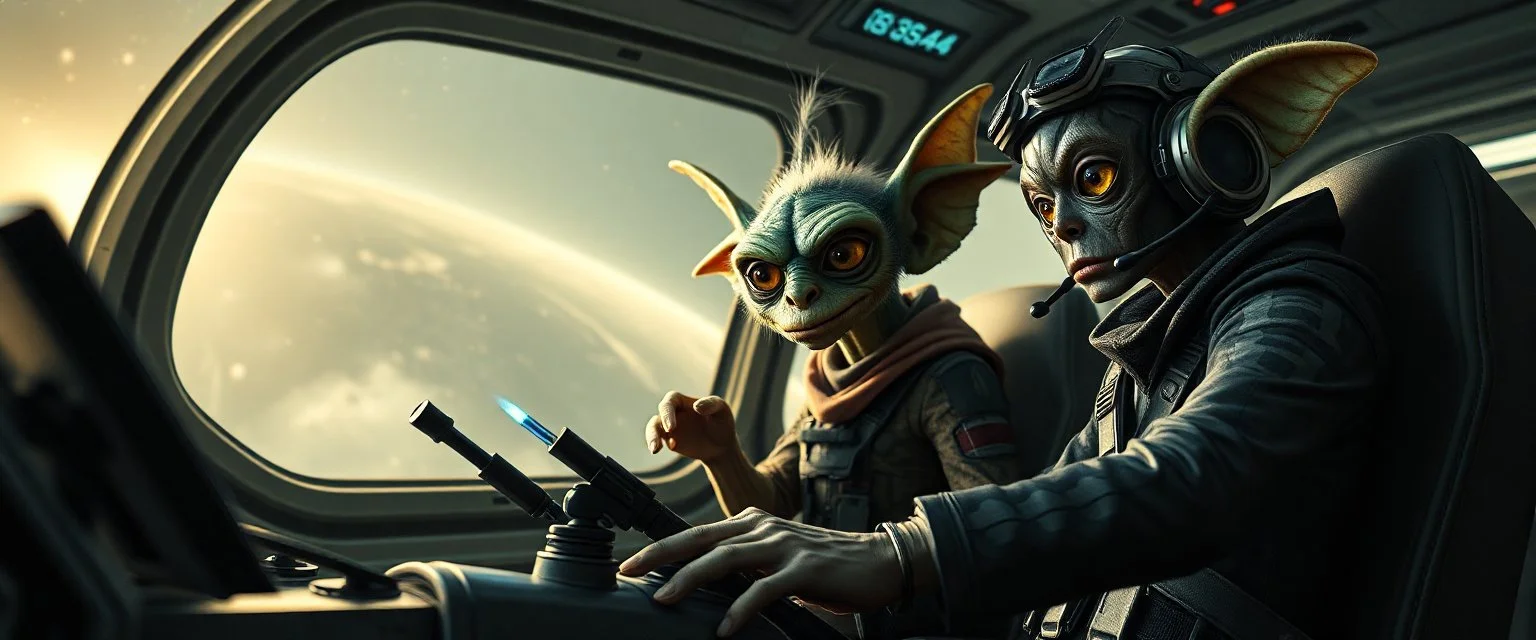 portrait of researcher slender alien rich dark elf hill billy fluffy captain pilot focus controlling flight stick in deep action, gremlin cyber punk with two crew members, in sci fi air ship waiting hall, in future dynasty