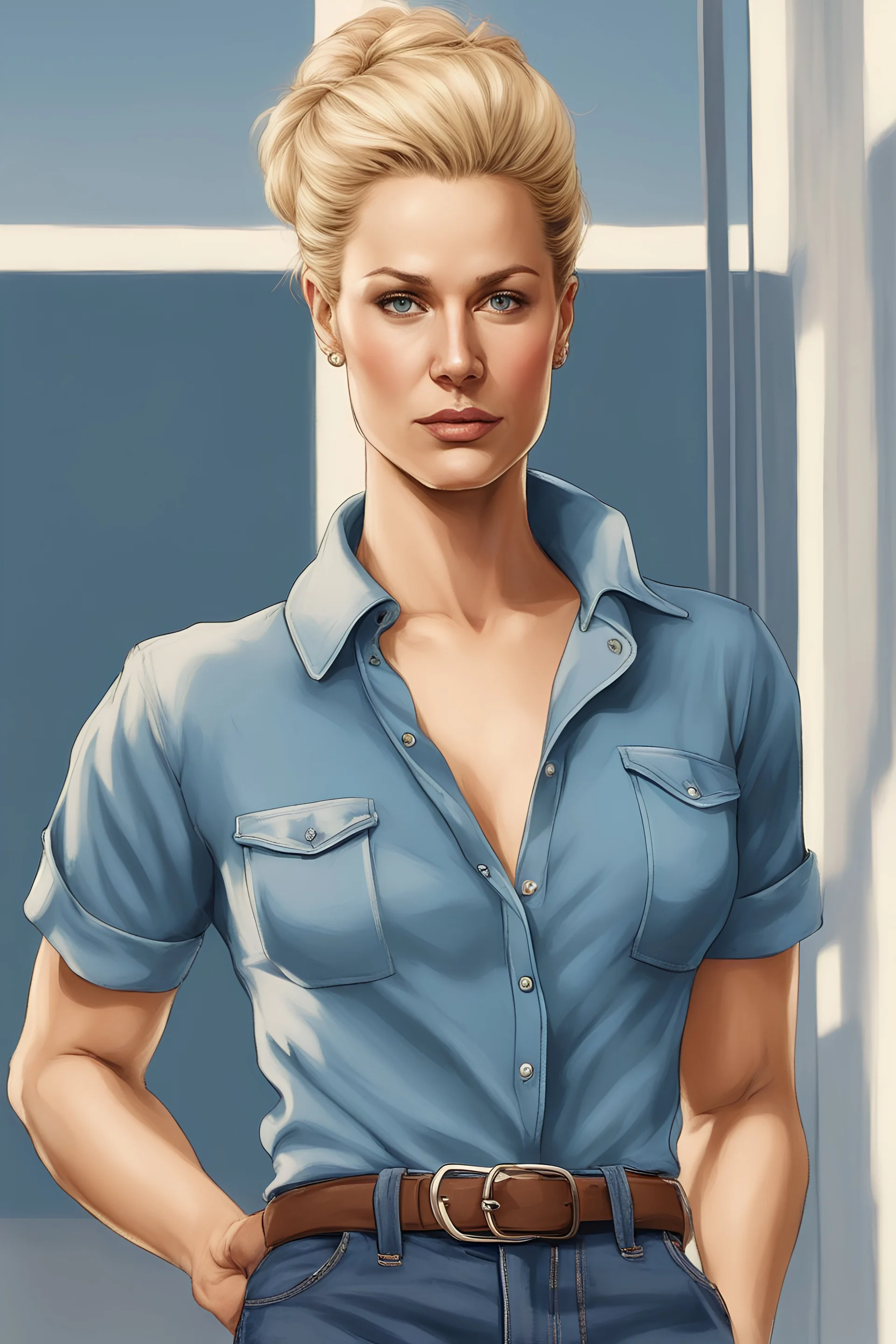 a very manly female middle aged blonde mother dressed polo t-shirt and blue jean pant with hair styled into a professional bun with a very masculine body structure with masculine pecs and standing with hands in pocket facing front in a photorealistic picture