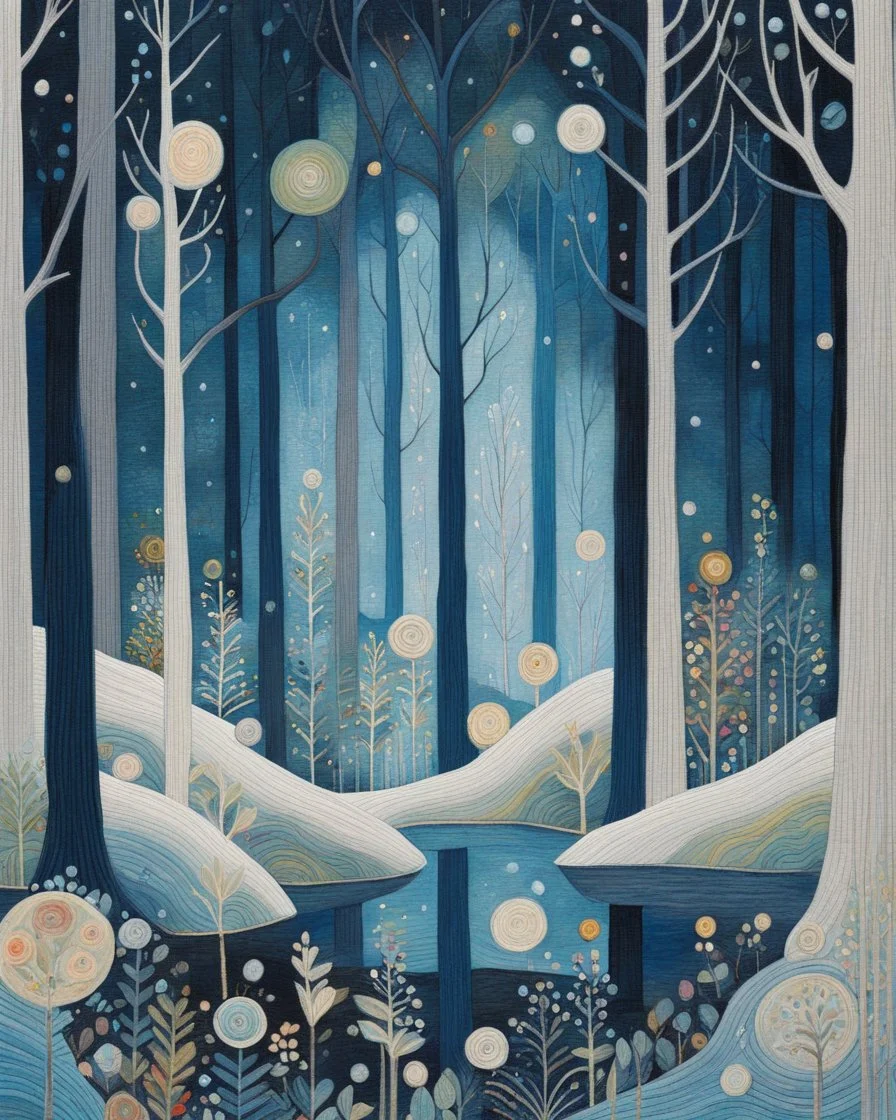 Whimsical landscape at night painting Embroidery by Flora Bowley and Jennifer Lommers and Enki Bilal heavenly intricate forest Minimalist filigree Snowy Dee Nickerson sterne very delicate lines Zen lines serene, twilight forest bathed in blue hues, featuring tall, slender trees and a tranquil pond reflecting colorful flowers and glowing orbs, evoking a dreamy, magical atmosphere.