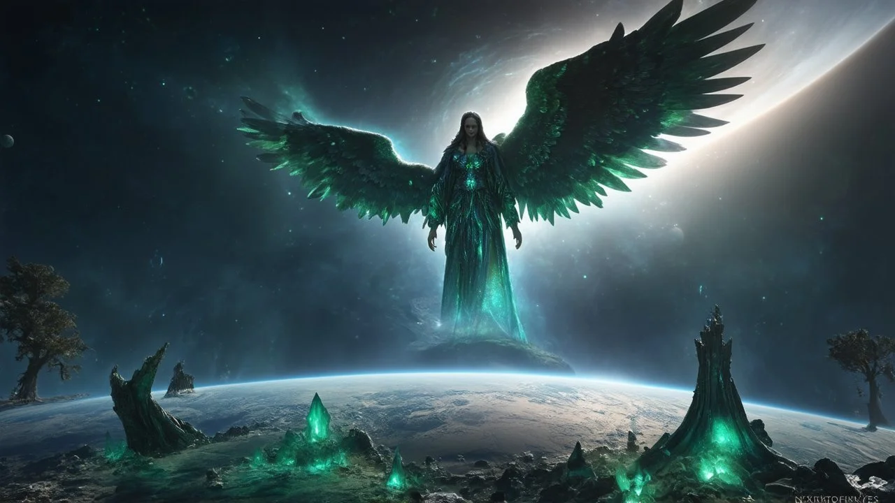 matrix universe, space, planets, god creation, angels from other dimensions with beautiful wings, trees on the planet, behind green crystals of light, few tiberium monolith deposits on the planet near tree,