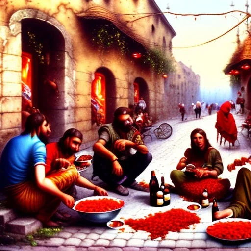 drunk gypsies eating ajvar on the street, detailed