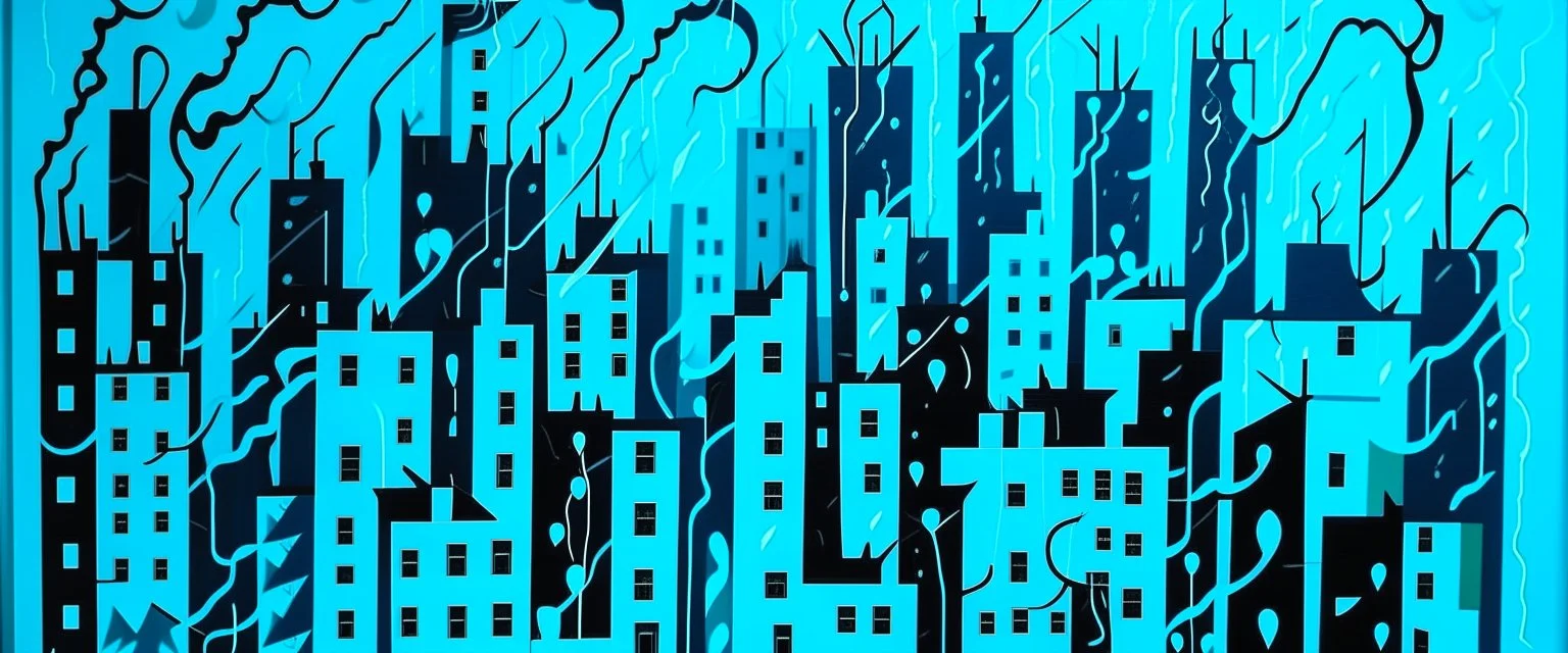 A cyan metropolis in a lightning storm designed in German folk art painted by Stuart Davis