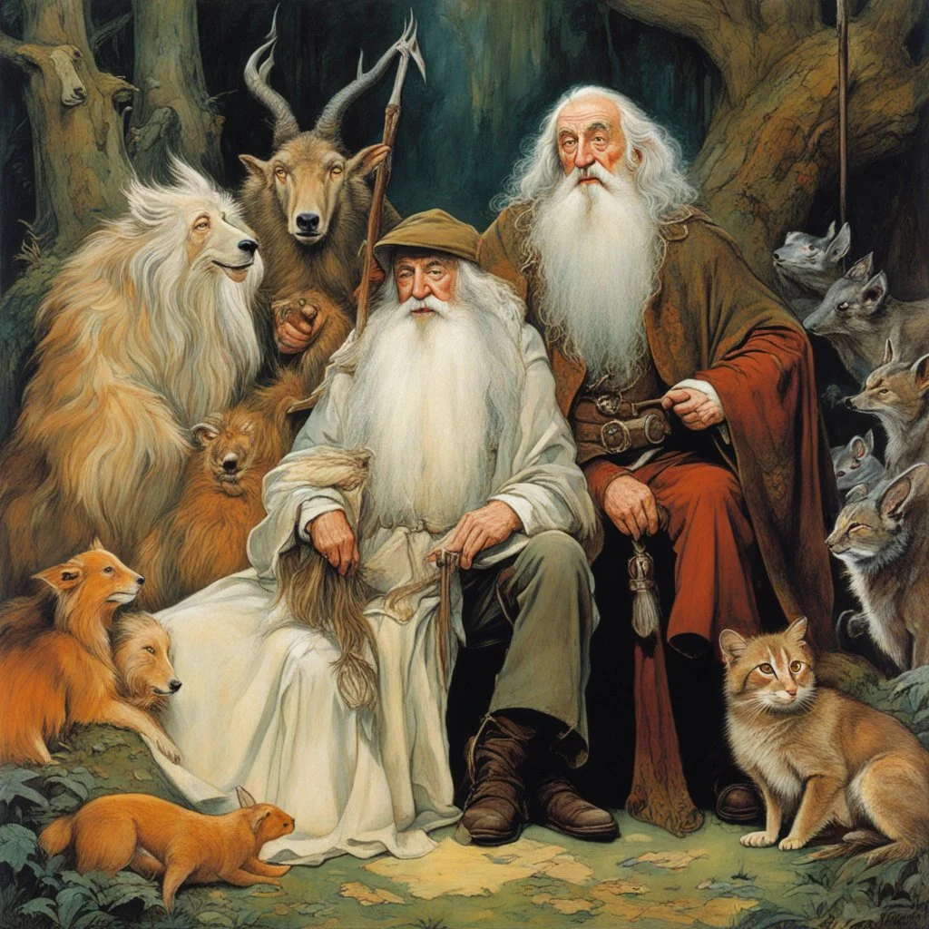 [art by Norman Rockwell: three Middle-earth Istaris are Jonathan Pryce, Sylvester McCoy and Jean Rochefort] Radagast, with his unkempt hair and a menagerie of animals, shared a hearty chuckle with Saruman, the wise and cunning Istari. And there, in the midst of it all, stood Gandalf, a twinkle in his eyes as he joined in the mirth.Their laughter echoed through the night, a rare moment of camaraderie amidst the chaos of their journeys.