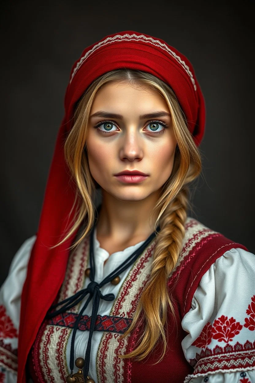 portrait a dark blonde young married woman in authentic Hungarian sárköz folk costume and short red woman headscarf , look at the camera, high realistic, high qulity, detailed, sad, beauty, perfect photo