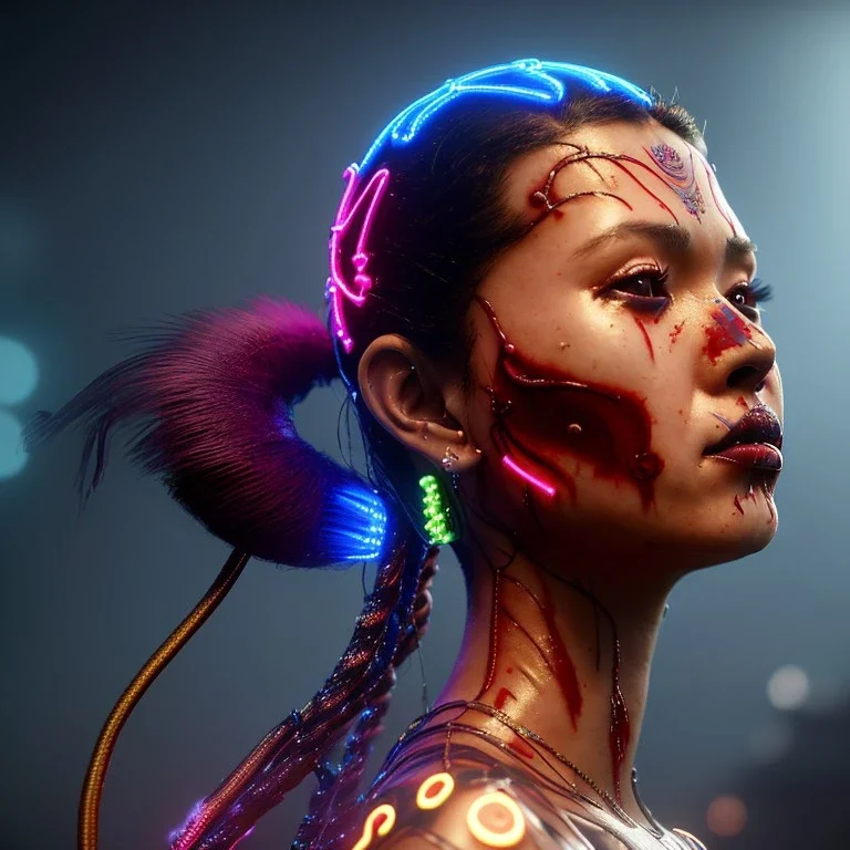 pretty hawaian cyber woman, cold ambient, latex, cables, purpurin, blood, black, gold, piercings, brown, decorative color feathers, circuits, neon style, a lot of led lights, fog, rain, vibrant color, highly detailed, art stations, concept art, smooth, unreal engine 5, god rays, ray tracing, RTX, lumen lighting, ultra detail, volumetric lighting, 3d, finely drawn, high definition, high resolution.