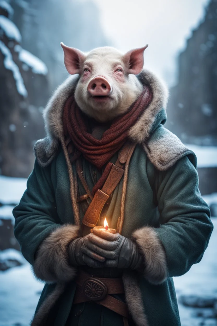 close up portrait of psionic bruce willis pig man ancient half elf half orc shaman thief in inviting pose on ice stone bridge wearing winter jacket, book cover