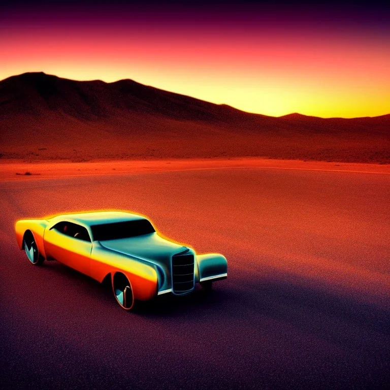 art deco, muscle car, desert road, sunset, full colour, hd,