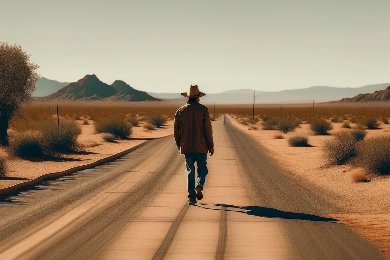 man in the desert places, warm colors, on holiday, near a road