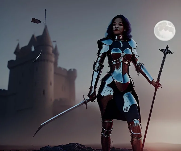 Rita ora, knight armor, long curly black hair, choker, holding sword, hands, castle, moonlight