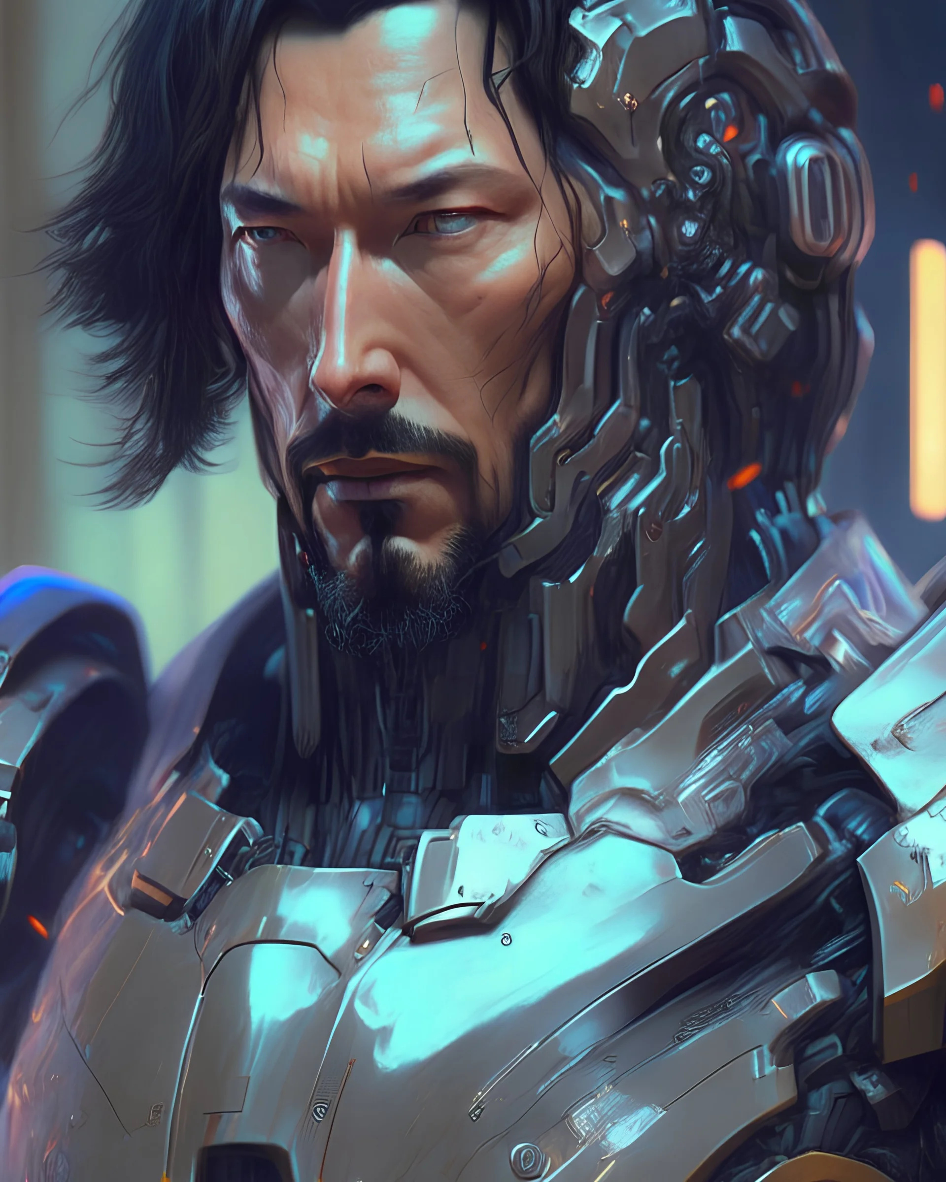 a Keanu Reeves, realistic scifi cyberpunk power armor robot, detailed, centered, digital painting, artstation, concept art, donato giancola, Joseph Christian Leyendecker, WLOP, Boris Vallejo, Breathtaking, 8k resolution, extremely detailed, beautiful, establishing shot, artistic, hyperrealistic, beautiful face, octane render, cinematic lighting, dramatic lighting, masterpiece