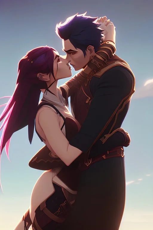 A beautiful woman and man embracing in a romantic kiss, anime style