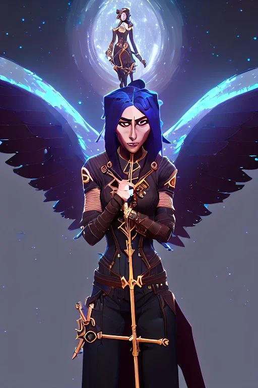 starry night, steampunk angel holding staff, majestic