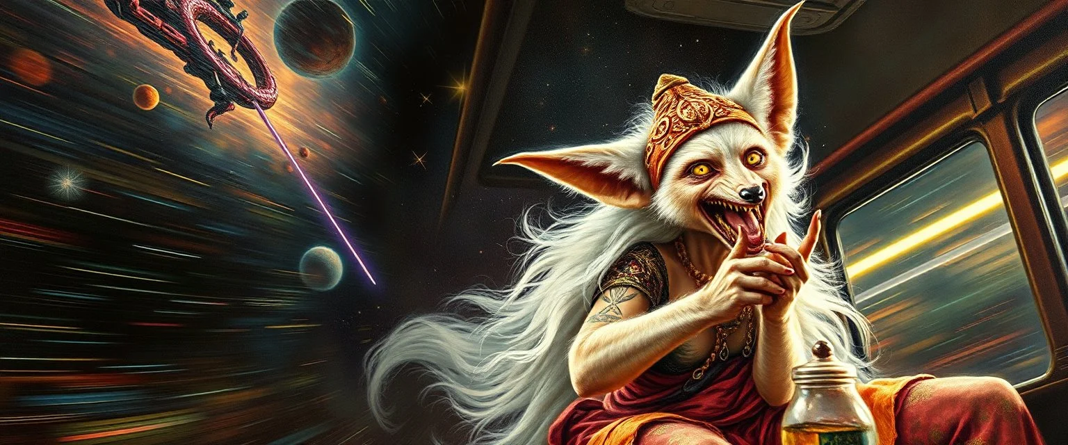 master oil painting by Rembrandt, scary ai sami white fox gremlin woman on buss through space neon comet shower , motion blur background, goa trance poster
