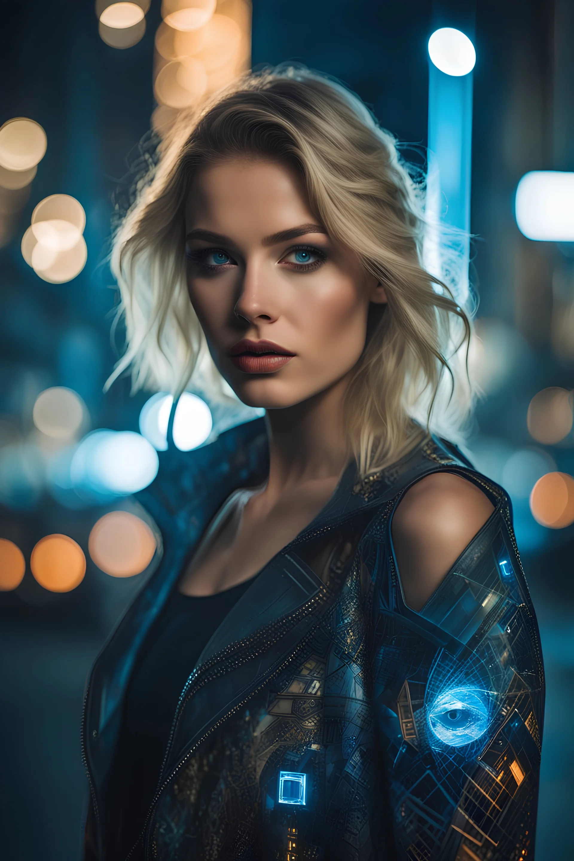 A double exposure between stunningly beautiful blonde young woman with blue eyes and full lips in cyberpunk style and night city , dynamic light and shadow, mid-angle , intricate details, very detailed scene with intricate details, realistic, natural colors, highly detailed, UHD ,perfect composition, beautiful detailed intricate image , insanely detailed 32k artistic photography, photorealistic concept art, soft natural volumetric cinematic perfect light