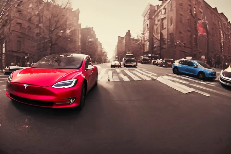 A Tesla 'Model S' is racing at top speed, in Greenwich Village, in Manhattan. CINEMATIC. WIDE ANGLE LENS. PHOTO REAL.