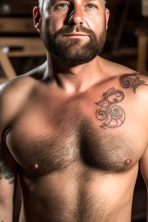 man 50 years old muscular chubby italian carpenter, in tank top , manly chest, tattoo, short beard, with overalls, in a wood shop, 35mm lens, photorealistic , side light