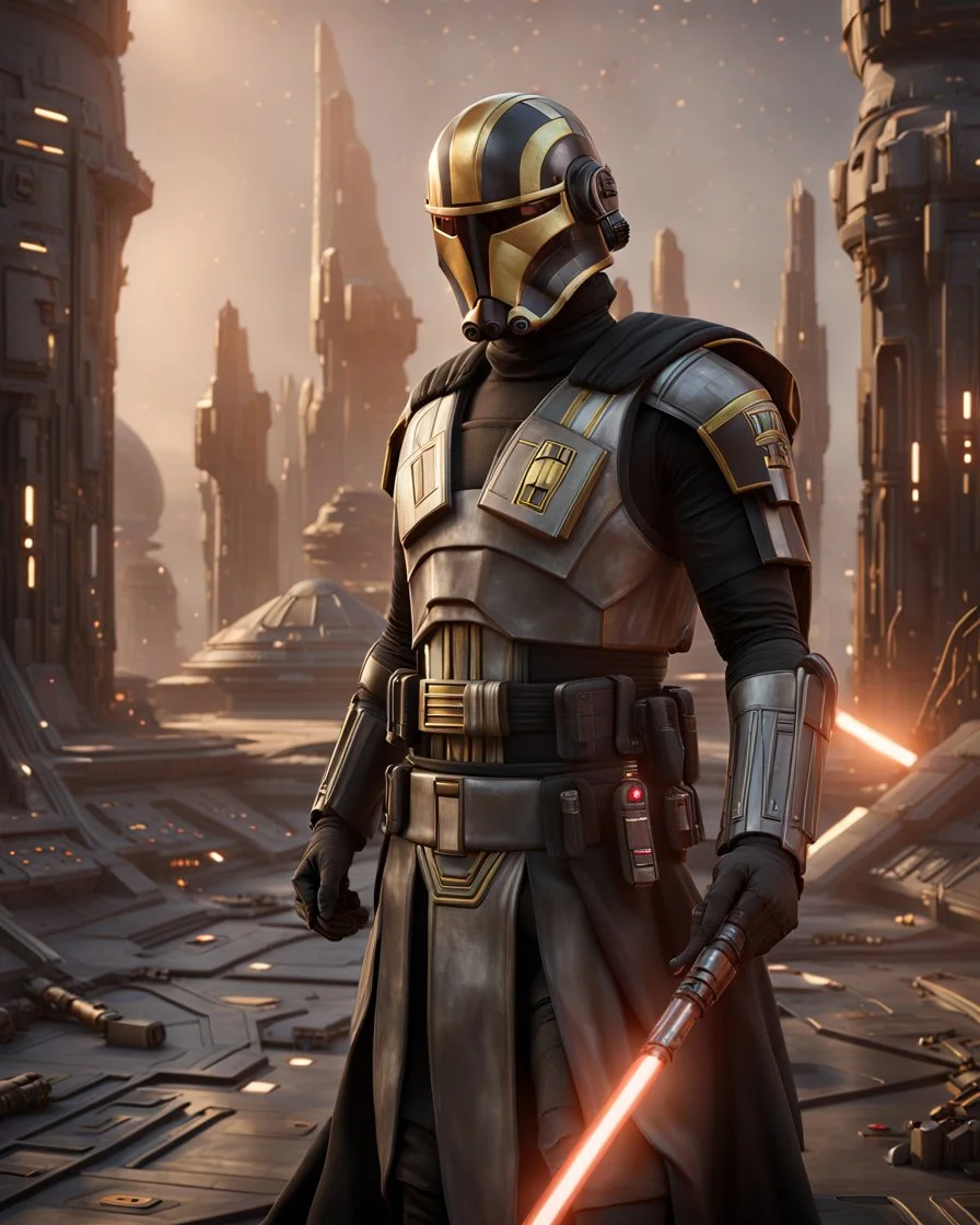 star wars bald male corellian pilot wearing pearlescent black and gunmetal grey First Order special forces heavy assault stealth commando armor and helmet with gold trim inside the jedi temple, hyperdetailed, dynamic lighting, hyperdetailed background, 8k resolution, volumetric lighting, light skin, fully symmetric details