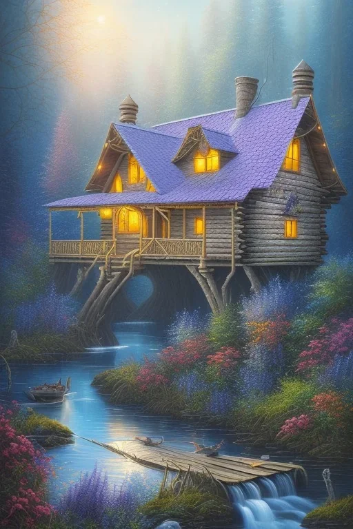 sharp focus, fine detail, romanticism, fine detail mystical forest, wooden cabin, acrylic paint, mystical, purple blue yellow silver teal black olive azure, red, pink, brown, flowers,