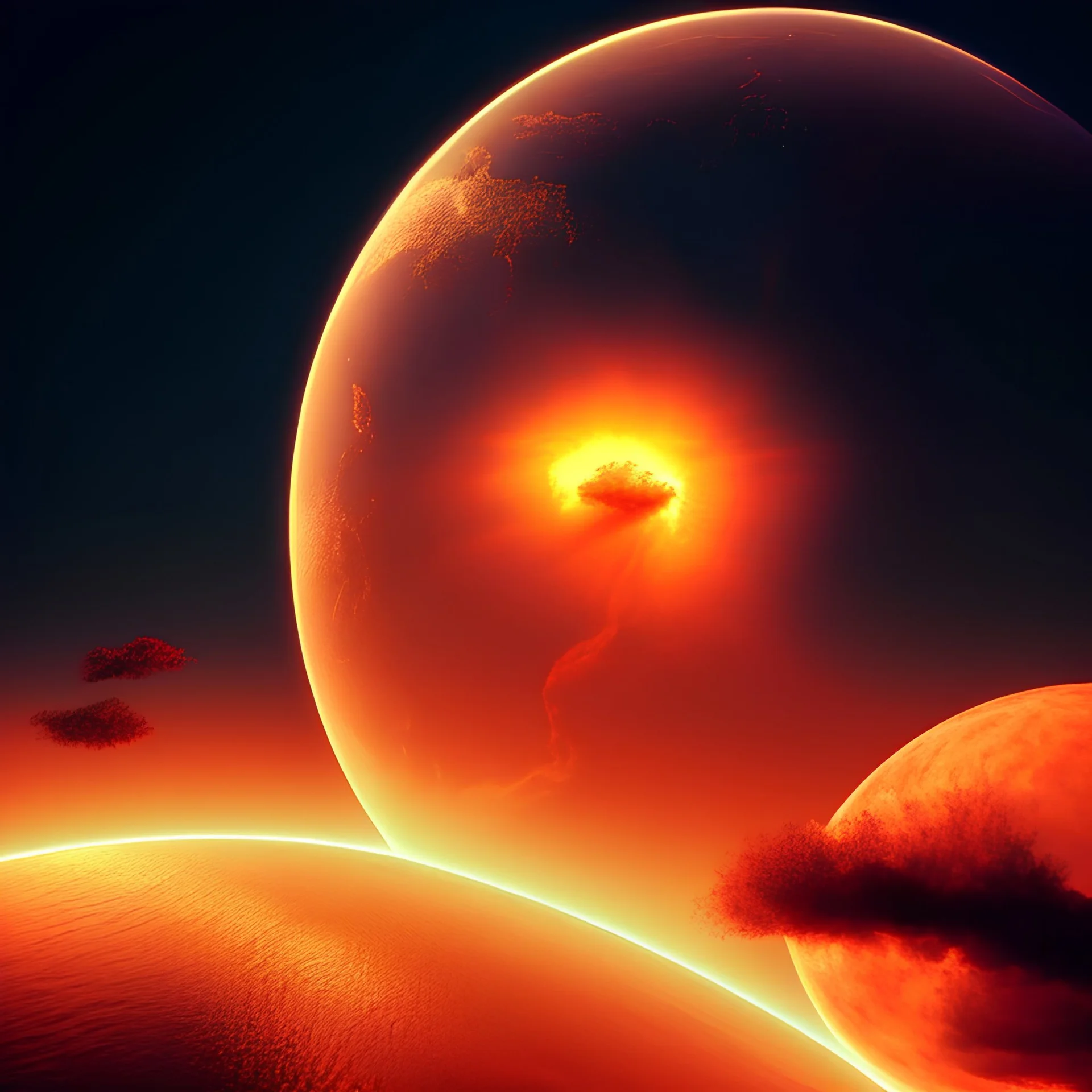 large planet with two fantasy continents::2, red atmosphere:1, satellite view, bright white stars::4, several moons around orbit, concept art, intriguing details, best quality, illustration.