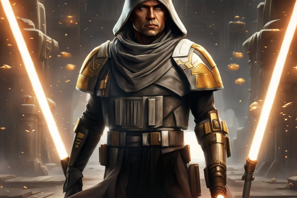 star wars bald male corellian jedi pilot wearing black and gunmetal grey old republic armored robes with gold trim, alone, battle-ready Jedi Master defending a ruined ancient city surrounded by golden light, centered head and shoulders portrait, hyperdetailed, dynamic lighting, hyperdetailed background, 8k resolution, volumetric lighting, light skin, fully symmetric details