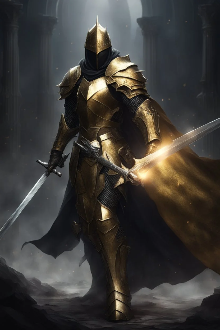 photorealistic holy knight paladin in very dark gold armor and a cape wielding a greatsword and unhelmet in abyss