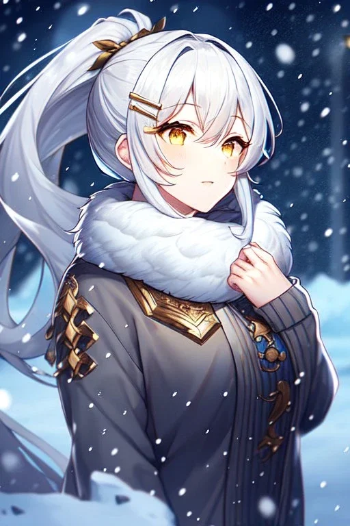 girl, masterpiece, best quality, cinematic lighting, detailed outfit, perfect eyes, silver hair, long hair, vibrant golden eyes, ponytail, messy hair, snowing, winter outfit, hairclip, depth of field,