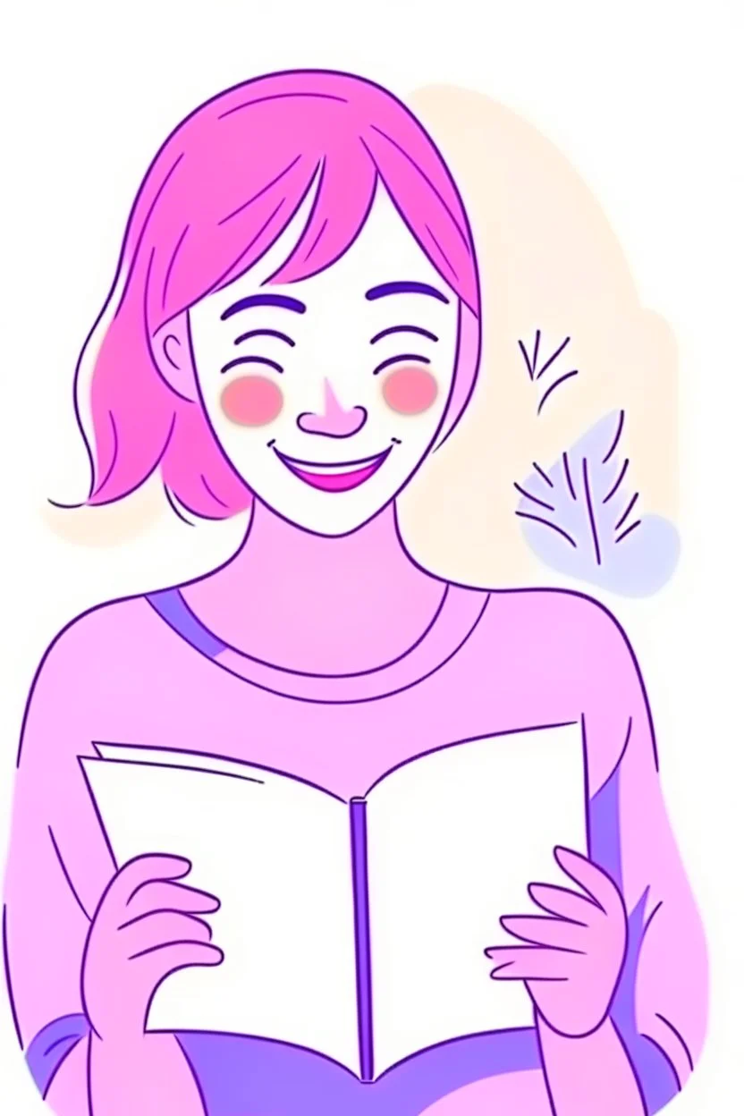 Portrait perempuan dengan senyum di wajahnya membaca buku yang berkaitan dengan kesehatan mental, warna pastel